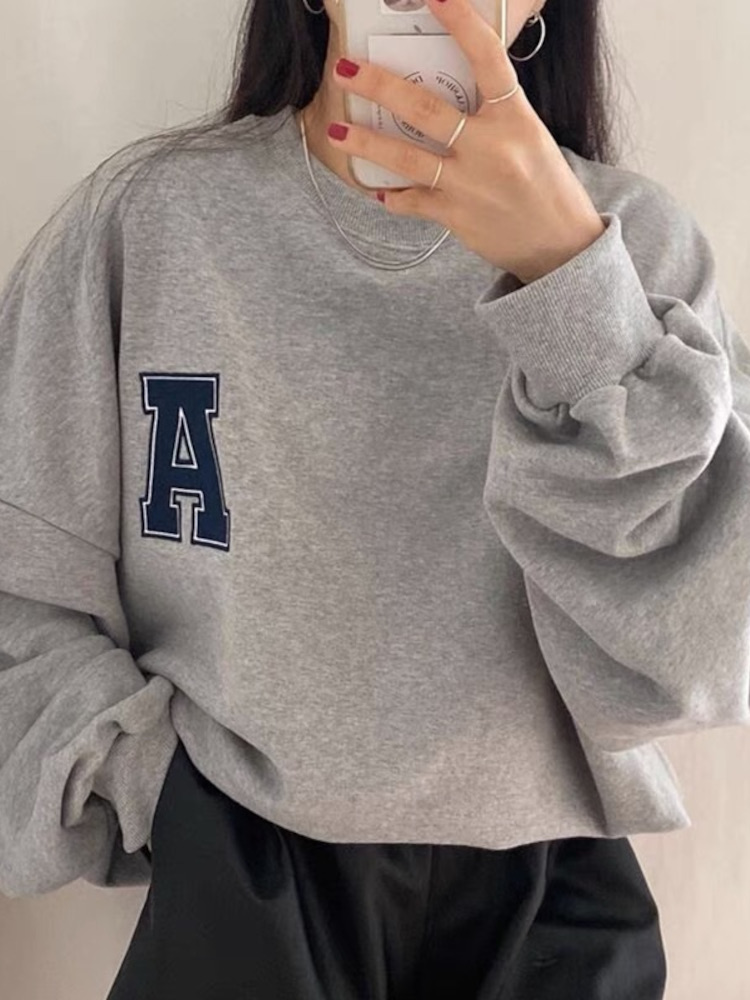 Women Printed Solid Letter Narrow Cuffs Long Sleeve Pullover Sweatshirt 1