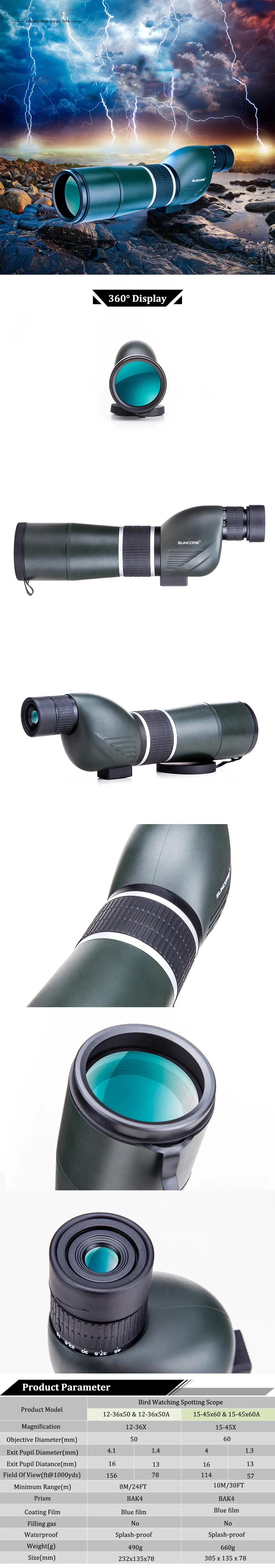 IPRee 12-36X50A/15-45X60A Monocular Bird Watching Telescope HD Optic Zoom Lens View Eyepiece 