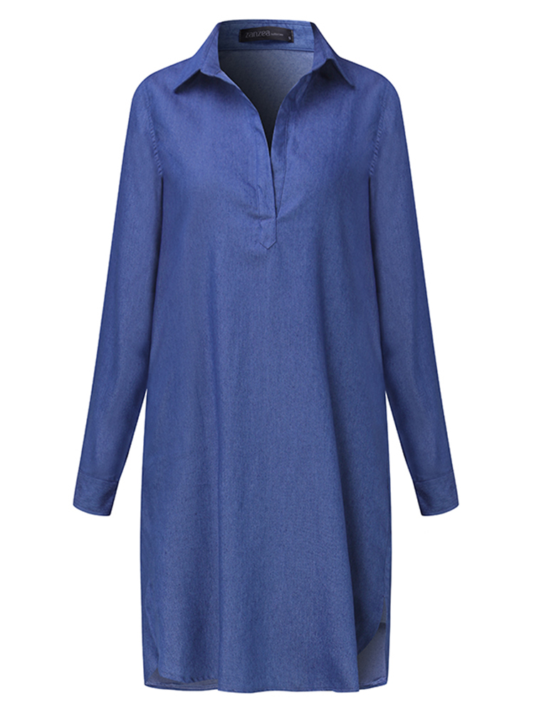 

Women Casual V Neck Denim Blue Jean Fold Sleeve Mini Dress