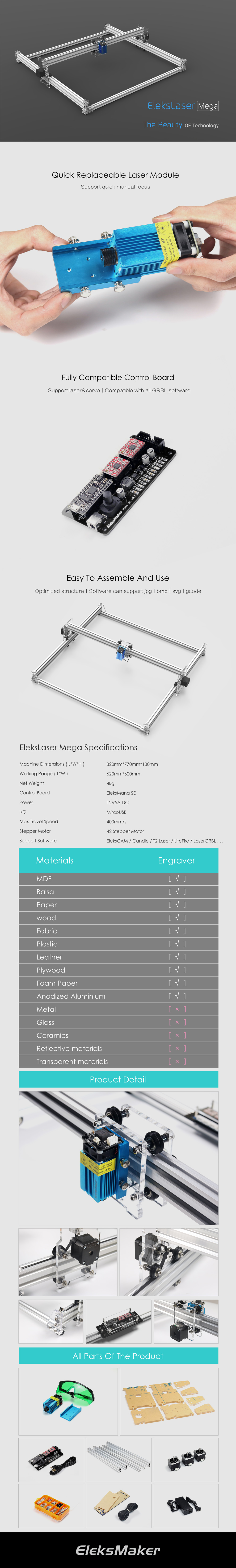 EleksMaker® EleksLaser-Mega 500mW/1600mW/2500mW Laser Engraving Machine CNC Laser Printer 23