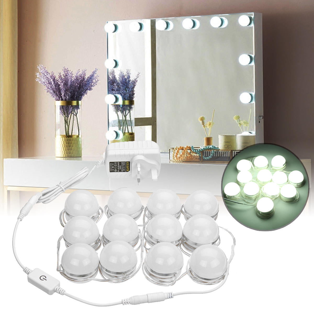

AC100-240V 24W 12PC Hollywood Style LED Vanity Makeup Dressing Table Mirror Light Kit + UK Plug