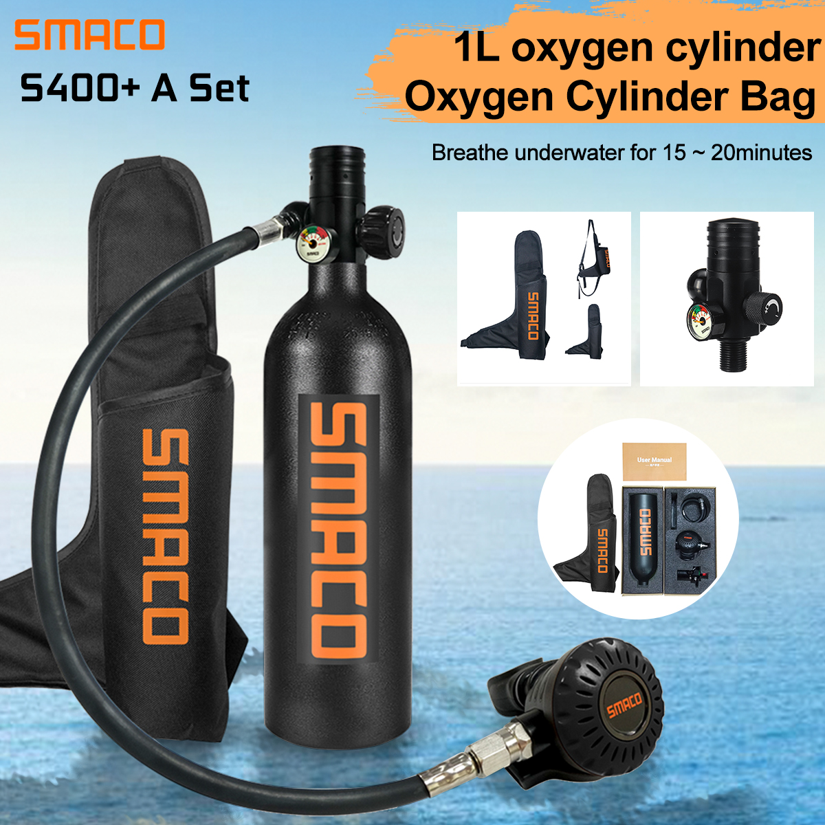 1000ml mini diving tank scuba oxygen diving respirator with storage bag ...