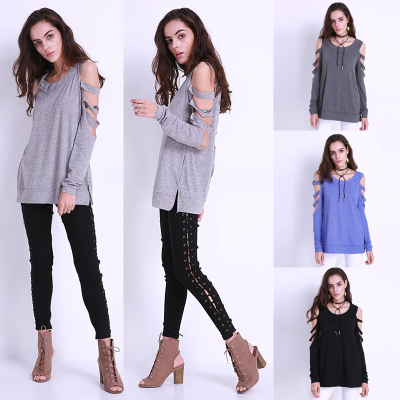 Sexy Women Off Shoulder Tops Loose Hollow Out Long Sleeve Shirts