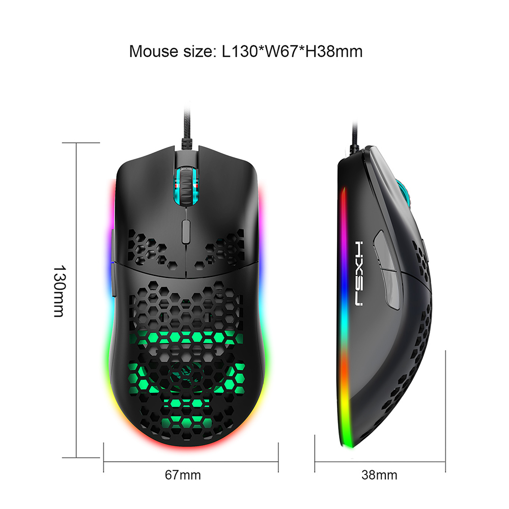 HXSJ J900 Wired Gaming Mouse Honeycomb Hollow RGB Game Mouse with Six Adjustable DPI Ergonomic Design for Desktop Computer Laptop PC 12
