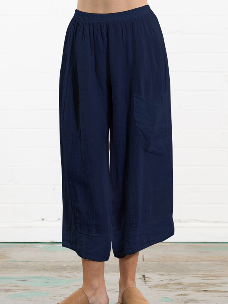 

Women Solid Color Cotton Elastic Waist Loose Wide Leg Pants with Pocket
