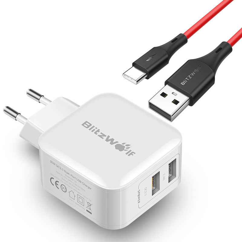 

BlitzWolf® BW-S6 QC3.0+2.4A 30W Dual USB Charger EU + BW-TC15 3A USB Type-C Charging Data Cable 6ft/1.8m