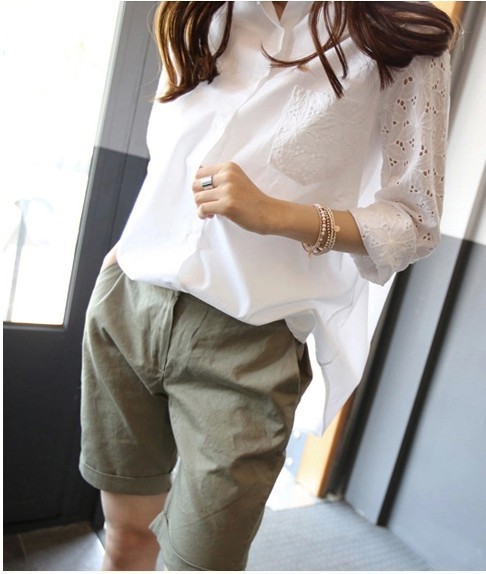 

Temperament Sweet Long-sleeved Bat Sleeve Embroidered Hollow Loose White Shirt