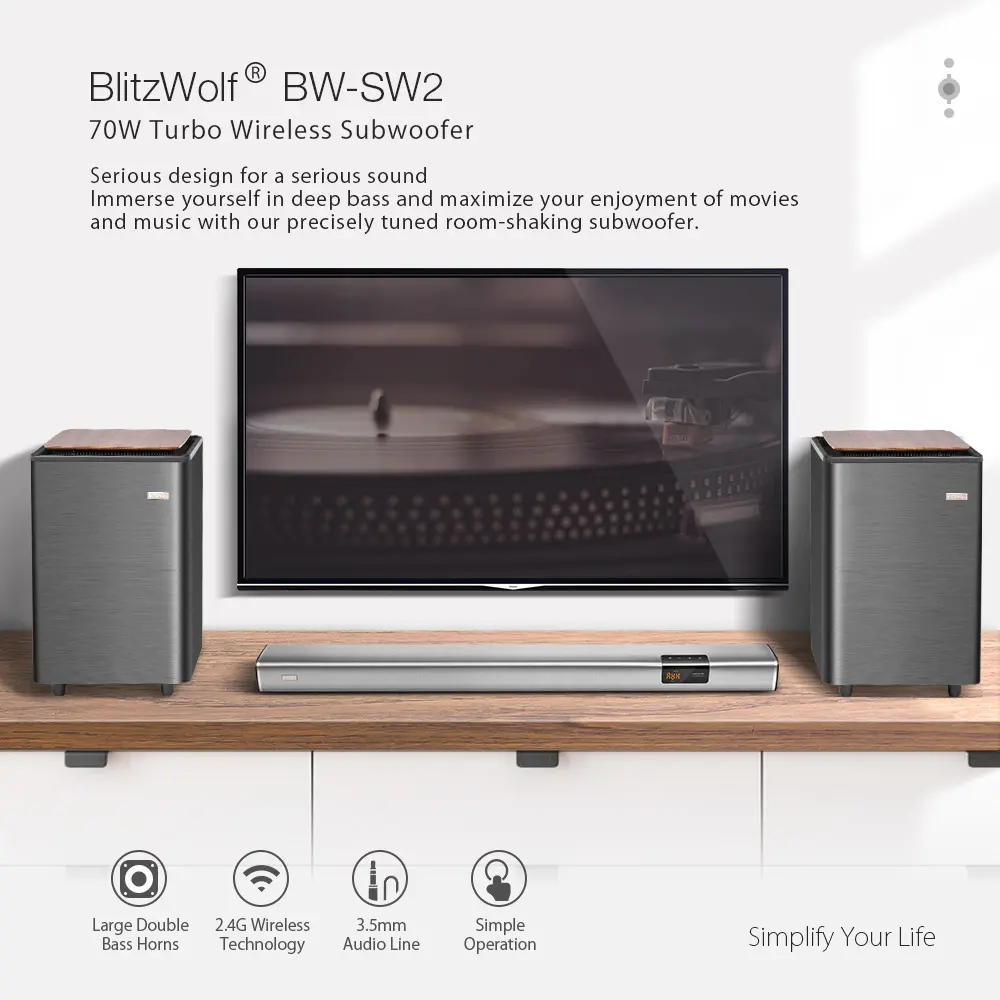BlitzWolf® BW-SW2 70W Turbo 2.4G Wireless Subwoofer Large Dual Bass Wooden Horns Loudspeaker for BW-SDB2 Soundbar