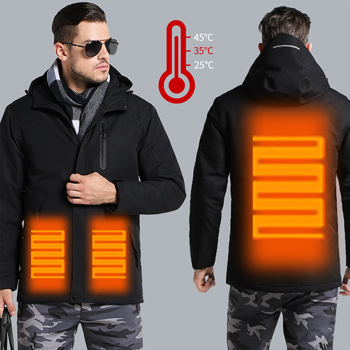 

Man Woman Electronic USB Heated Jacket Intelligent Heating Hooded Work Motorcycle Skiing Riding Coat