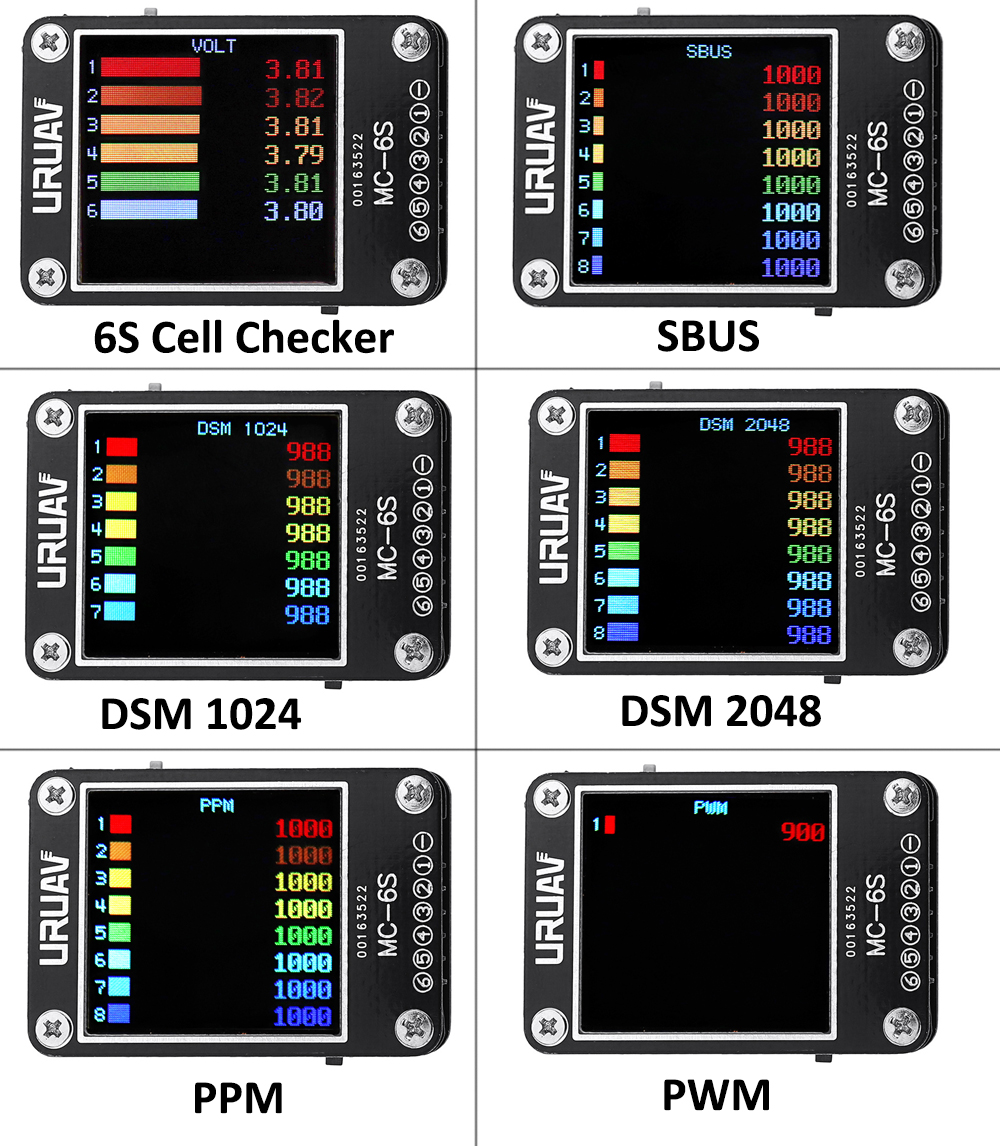 1‑6S Battery Lipo Voltage Checker Ricevitore Tester di Segnale per s ‑ Bus PPM PWM e ricevitori DSM Drfeify MC-6S Voltage Checker Nero