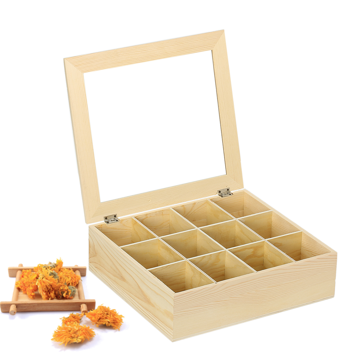 

12 Слотов Деревянный Чехол Чай Хранение Коробка Органайзер Сосновый Контейнер Дисплей Держатель