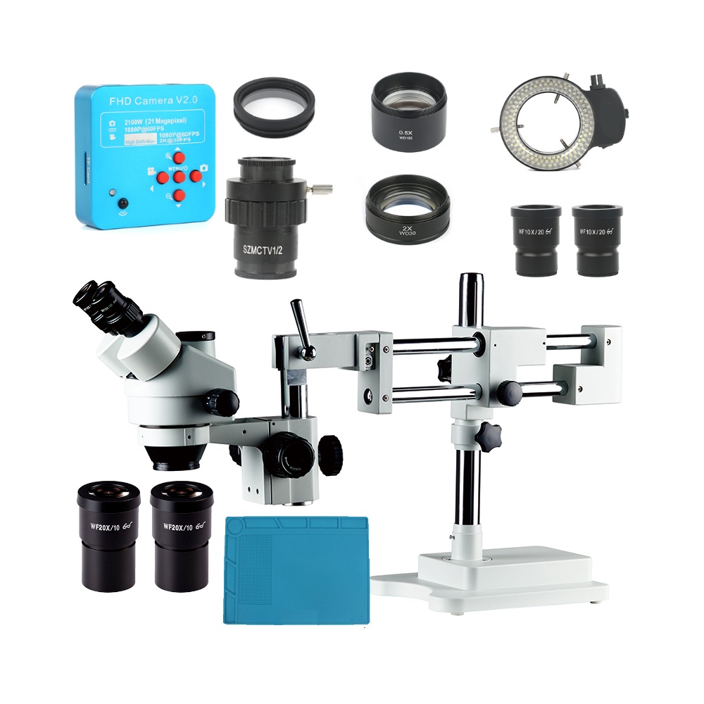 

3.5X 7X 45X 90X Double Boom Stand Zoom Simul Focal Trinocular Stereo Microscope+21MP Camera Microscope For Industrial PCB Repair