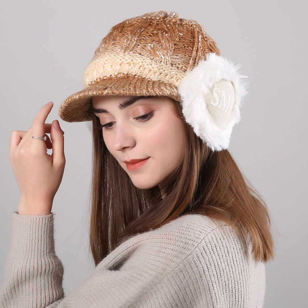 

Women Winter Thickened Warm Gradient Knitted Hat Earmuffs Knit Beret Cap
