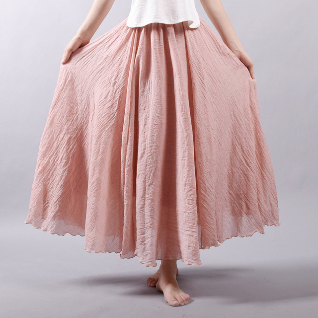 

Sen Female Literary Large Size Cotton And Linen Skirt Elastic Waist Linen A Word Skirt Long Paragraph Solid Color Famous Style Wind Big Swing Skirt