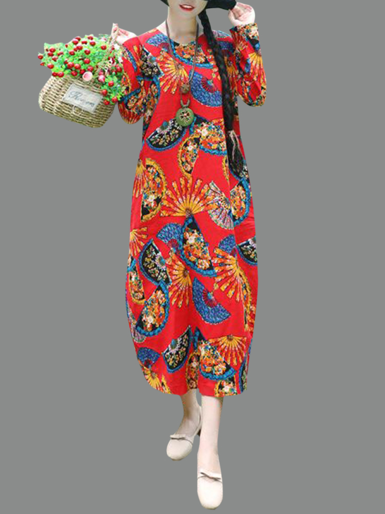 

Китайский стиль Цветочная печать с длинным рукавом Винтаж Платье