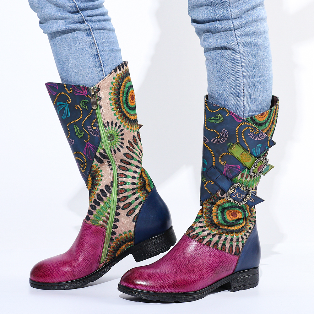 SOCOFY Women Fireworks Handmade Genuine Leather Splicing Buckle High Knee Boots