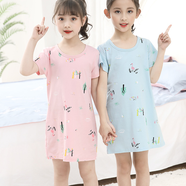

Season Thin Section Girls Nightdress Children's Home Clothes Cotton Little Girl Short-sleeved Baby Cotton Parent-child Home Service