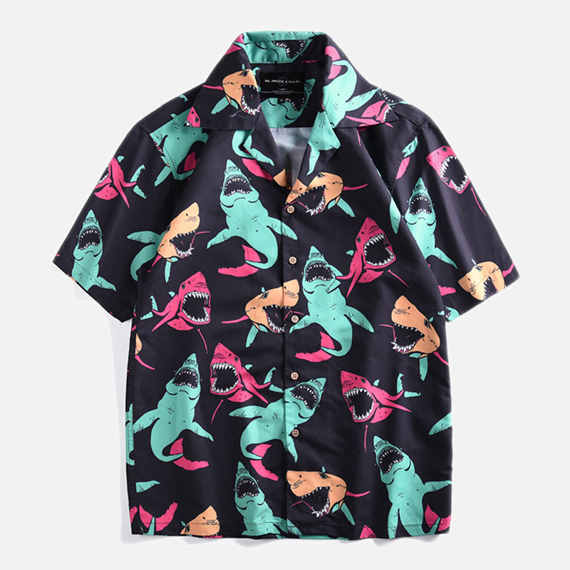 

Men Shark Print Short Sleeve Relaxed Hawaiian Shirts