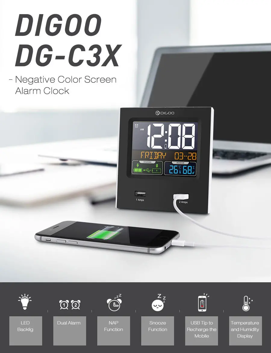 Digoo DG-C3X Time Calendar 12hr/24hr Format Switchable Temperature Humidity Display Dual Clock