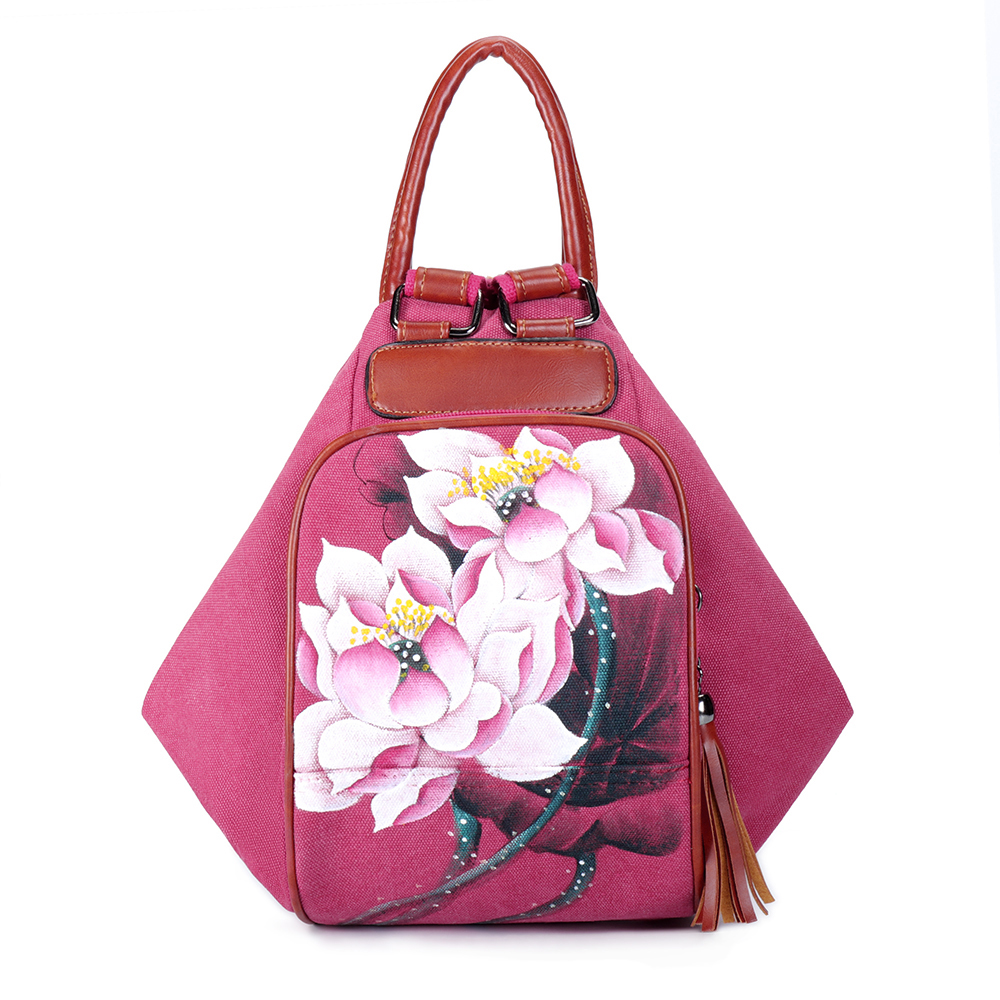 

Brenice Women Canvas Backpack Travel Bag Print Lotus National Shoulder Crossbody Bag