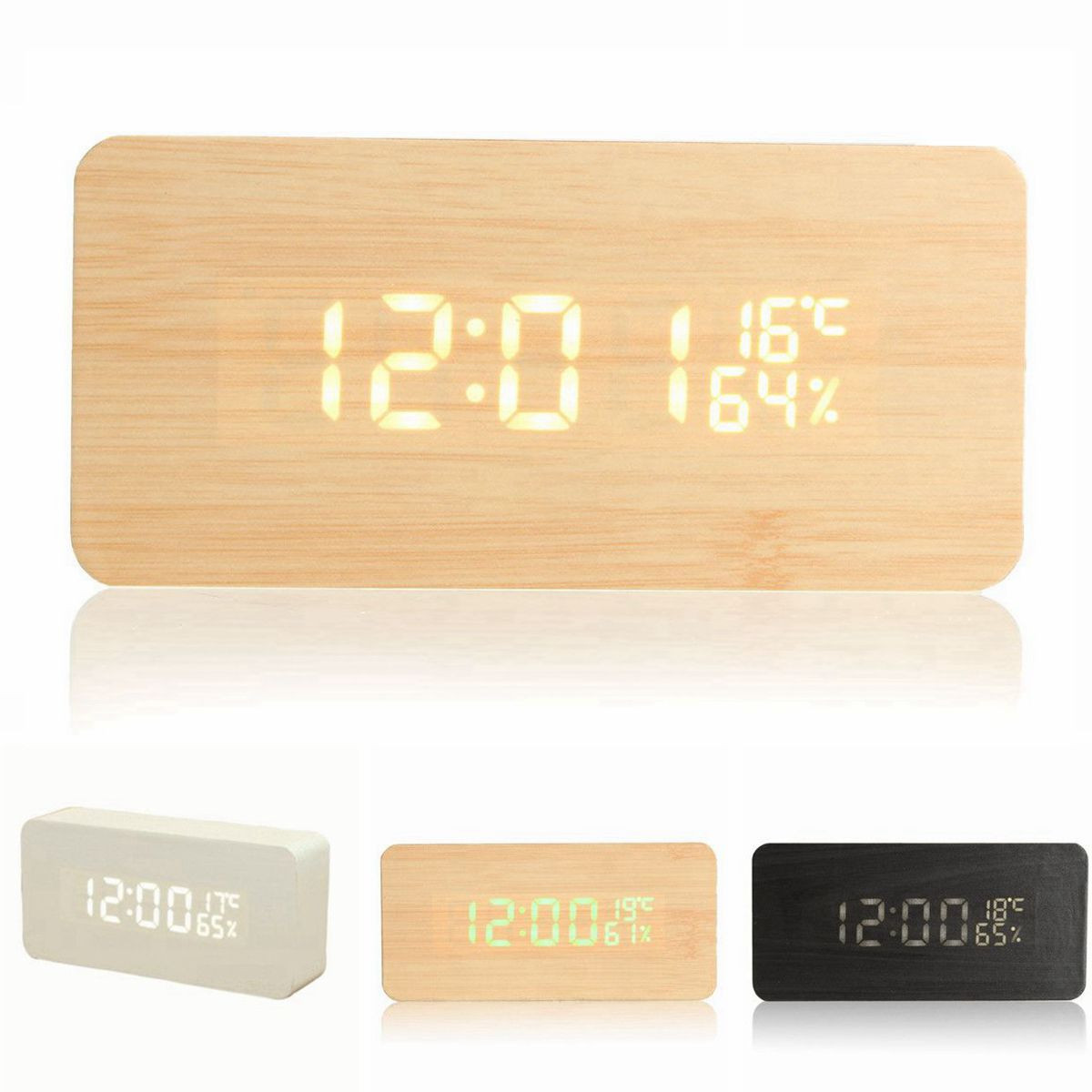 

USB-голосовой контроль Деревянная деревянная прямоугольная температура LED Цифровая сигнализация Часы Влажность Термометр
