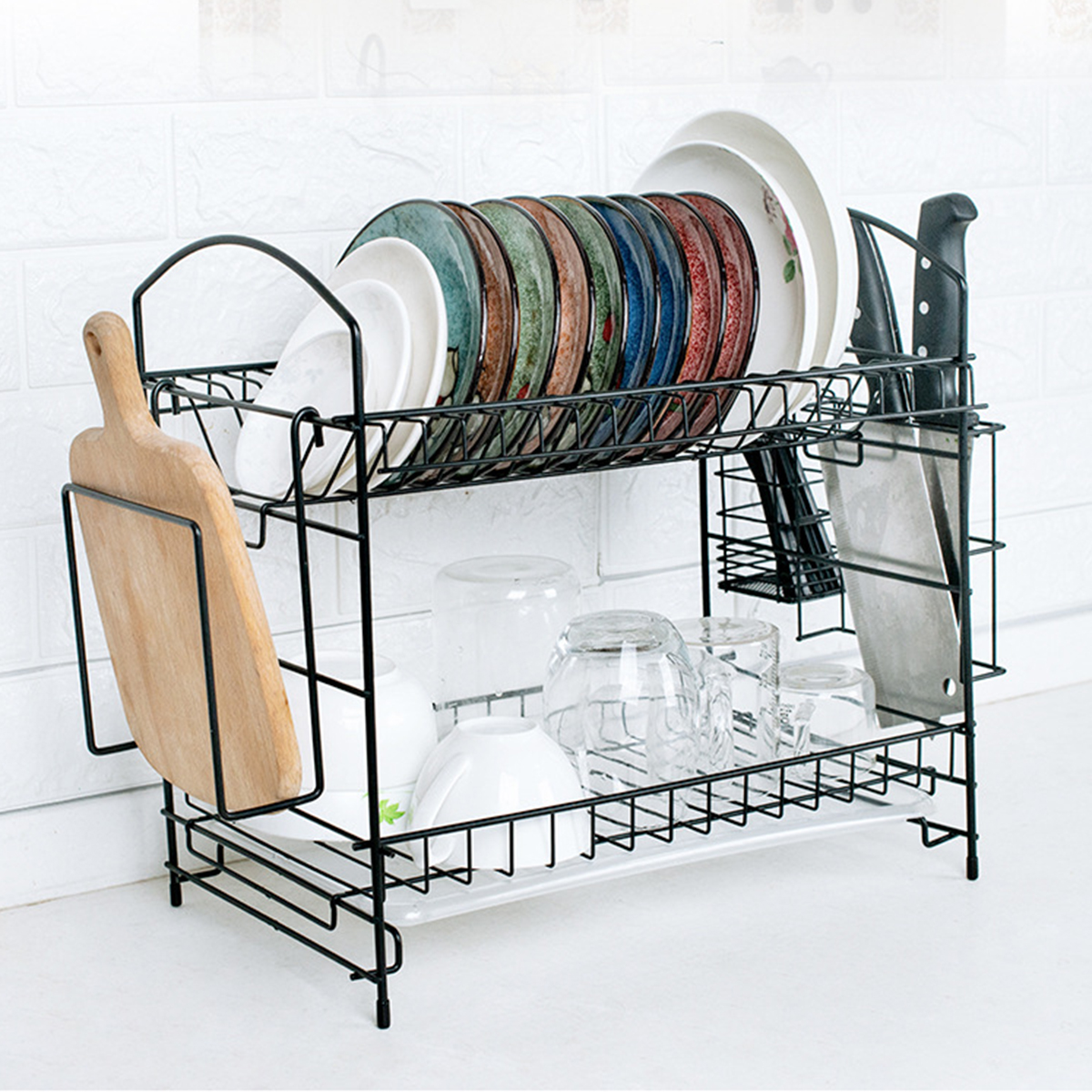 Drain rack Dish Rak Kitchen Storage Rack Organizer Mental Iron Design Easy Assemble 2 Tiers For kitchen Home Office—2