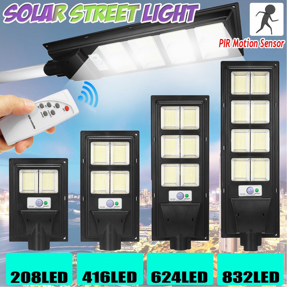 Find 208/416/624/832LED Solar Powered Wall Street Light PIR Motion Sensor Dimmable Lamp + Remote Control for Sale on Gipsybee.com with cryptocurrencies