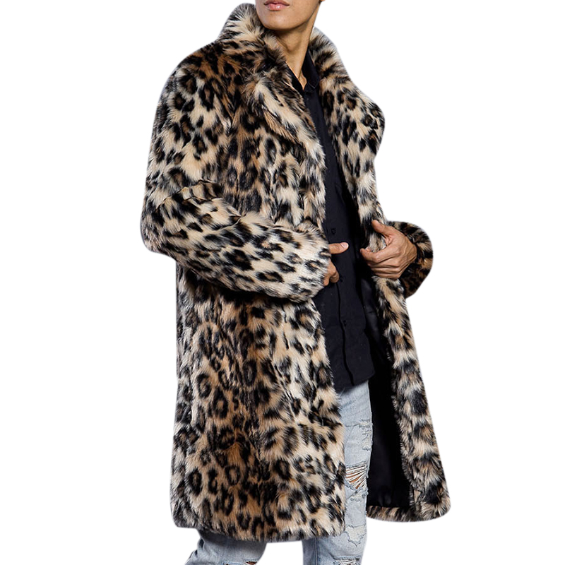 

Mens Winter Warm Leopard Faux Fur Coat Костюмный воротник Mid-long