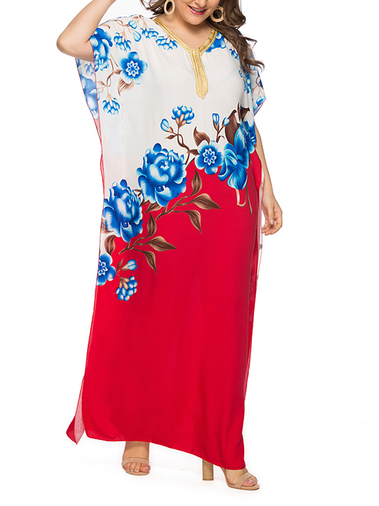 

Plus Size Floral Print Batwing Sleeve Boho Maxi Dress