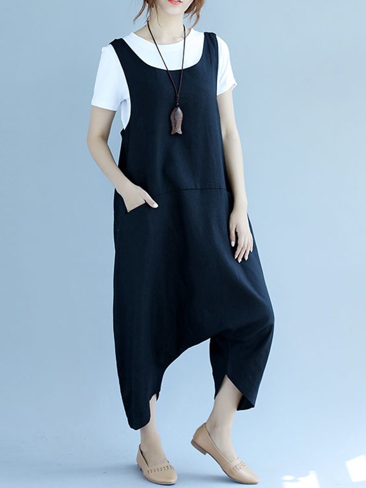 

Women Casual Loose Sleeveless Harem Jumpsuit with Pockets