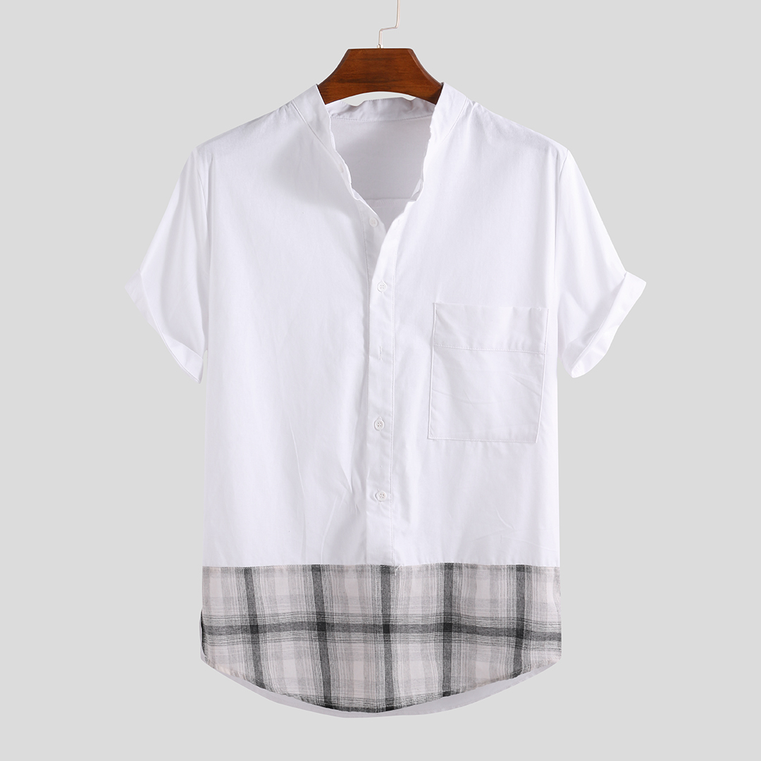 

Mens Plaid Hem Splicing Design Summer Casual Cotton Shirts