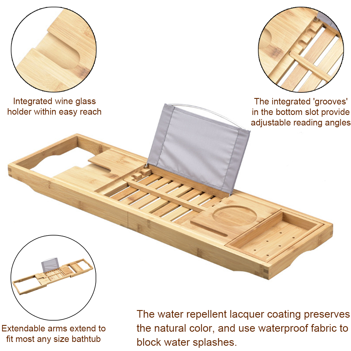 Multifunctional Bamboo Bathtub Rack Retractable Storage Shelf for Bathroom 3
