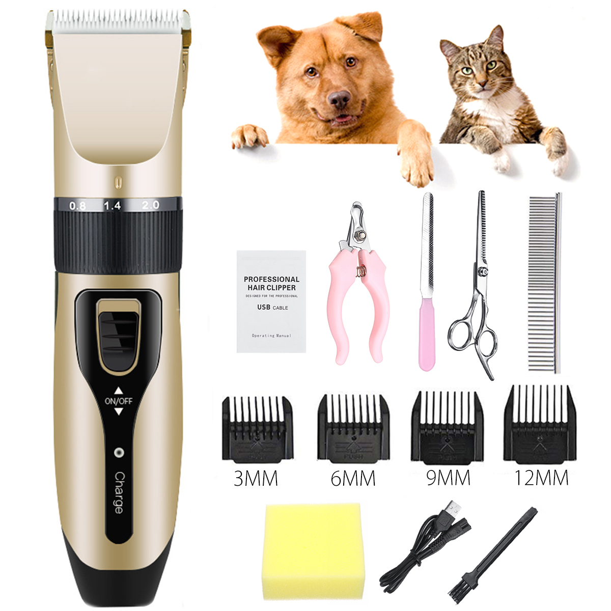 

Professional Pet Cat Dog Clipper Grooming Electric USB Rechargeable Hair Trimmer Kit