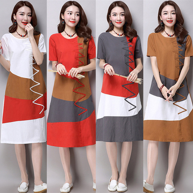 

Stitching Color Matching Round Neck Short-sleeved Cotton And Linen Dress Female Long Paragraph Loose A Word Skirt Season New