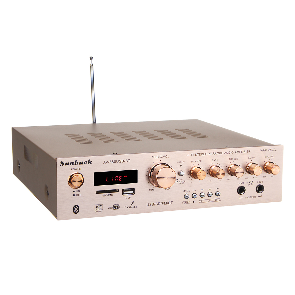Find Sunbuck AV-580USB/BT bluetooth4.0 5CH Amplifier Support SD Card USB FM Microphone Gold for Sale on Gipsybee.com with cryptocurrencies