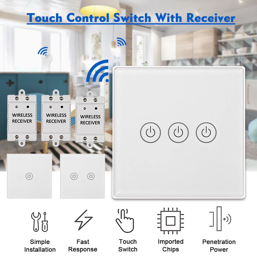 1/2/3 Gang Touch Control Outlet Wireless Light Switch with 3PCS Receivers Kit for Household Appliances Unlimited Connections Control Module Switch Pan 14