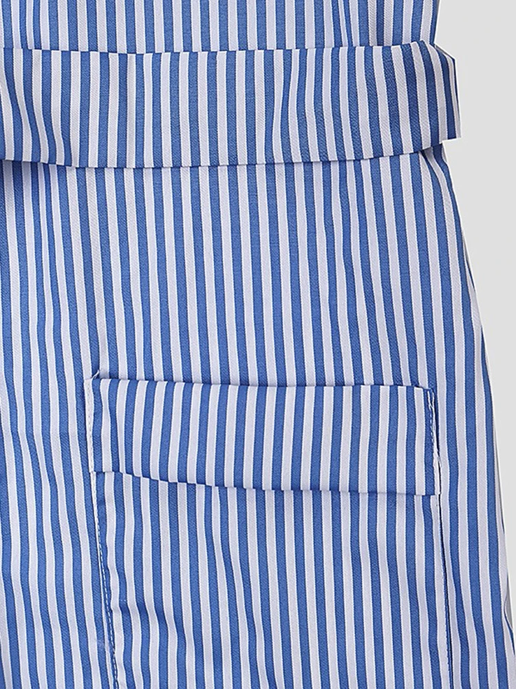 Casual Women Turndown Collar Adjustable Sleeve Side Split Striped Shirt Dresses