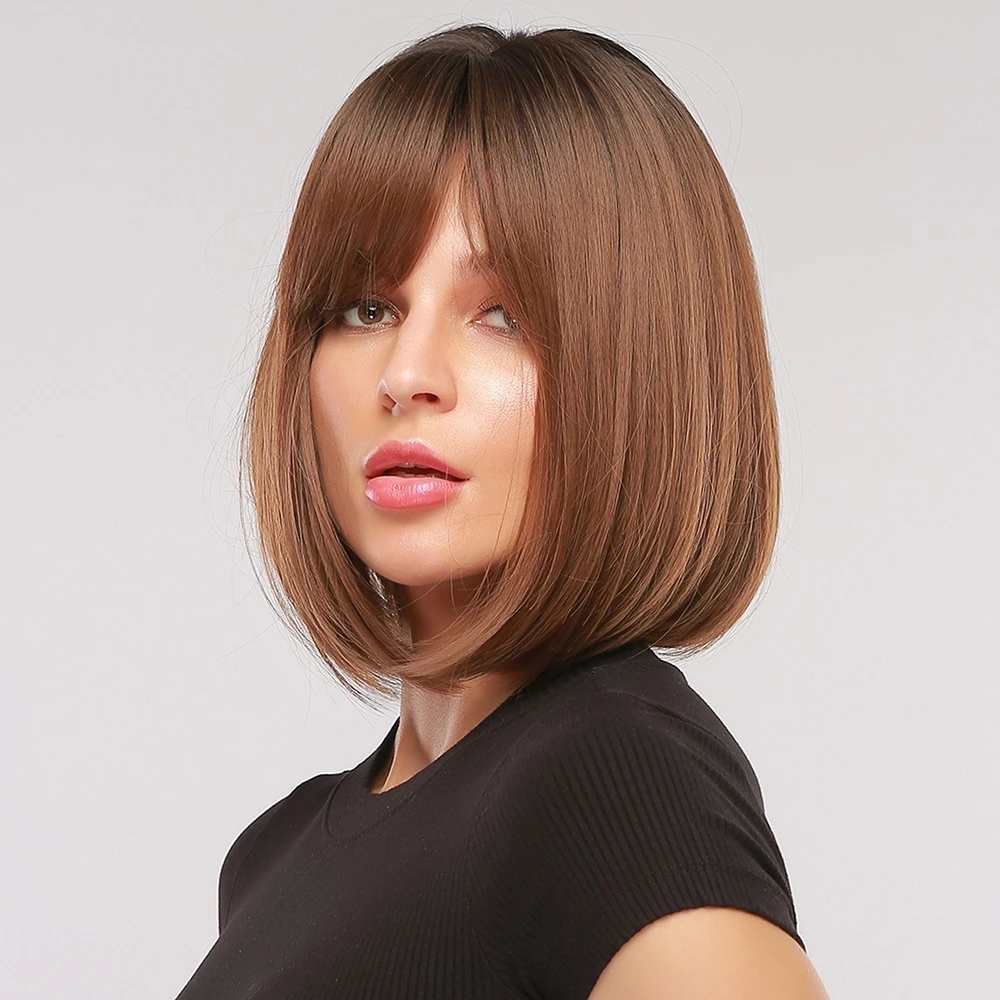 Find 14 Inch Black Gradient Brown Short Straight Hair Fluffy BOBO Head Full Head Cover Wig for Sale on Gipsybee.com