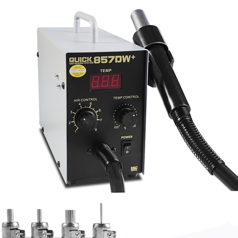 

QUICK 857DW+ Adjustable Hot Air Gun 580W Soldering Rework Station with 4Pcs Nozzles + Heater