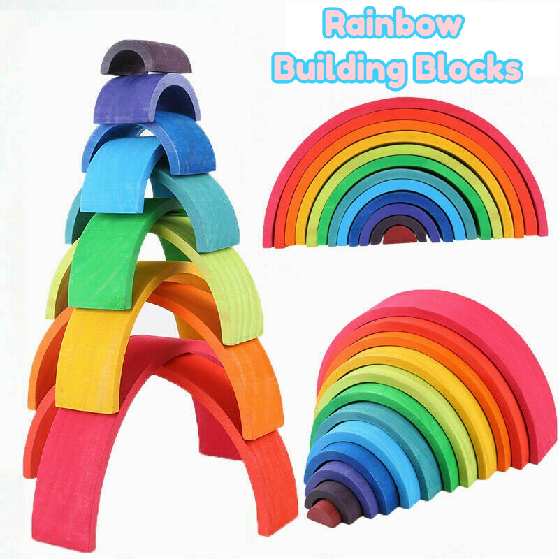 Details about   12 pcs Wooden Rainbow Stacker Nesting Puzzle Blocks Montessori Creativity Toy 