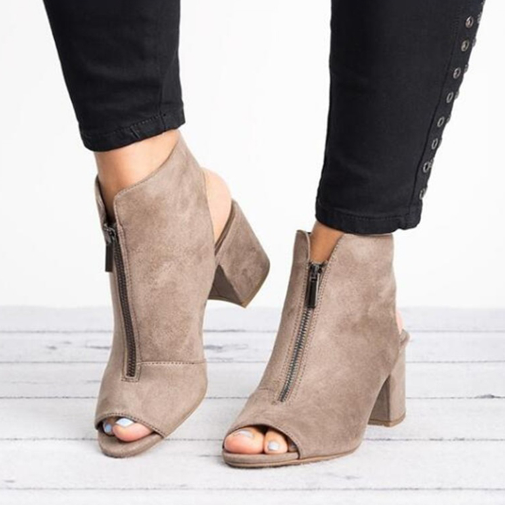 

Peep Toe Ankle Boots Front Zipper Chunky Heel Sandals Pumps