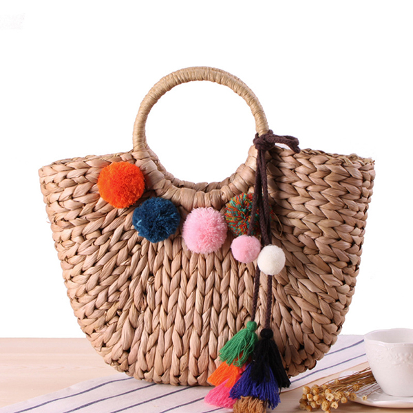 

Straw Hairball Tassel Summer Beach Bag Handbag For Women