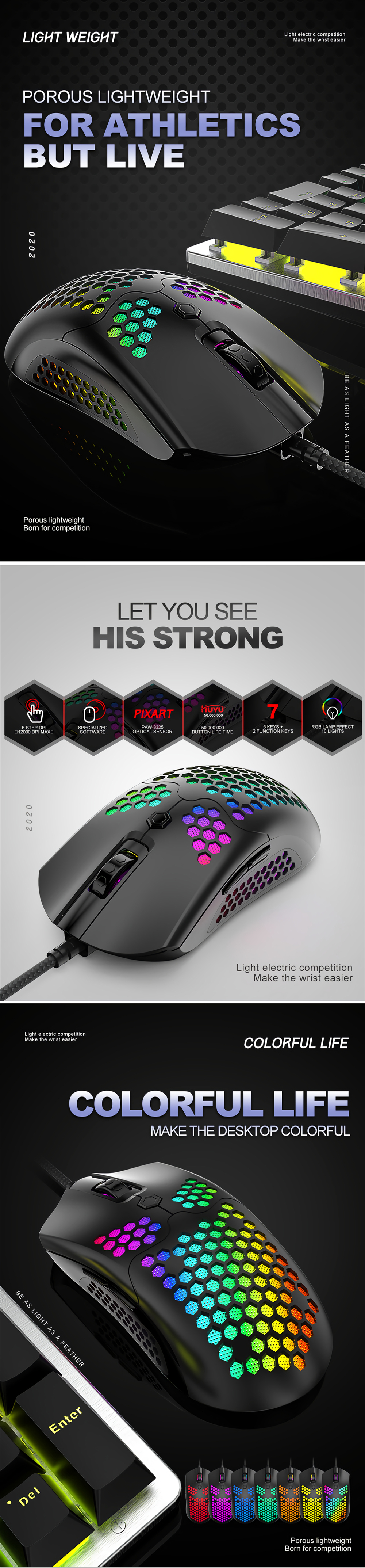 Free-wolf M5 Wired Game Mouse Breathing RGB Colorful Hollow Honeycomb Shape 12000DPI Gaming Mouse USB Wired Gamer Mice for Desktop Computer Laptop PC 1