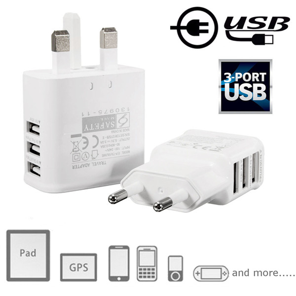 

Universal 5V 2A 3 Ports EU UK Plug USB Wall Charger Power Adapter For iPhone Smartphones