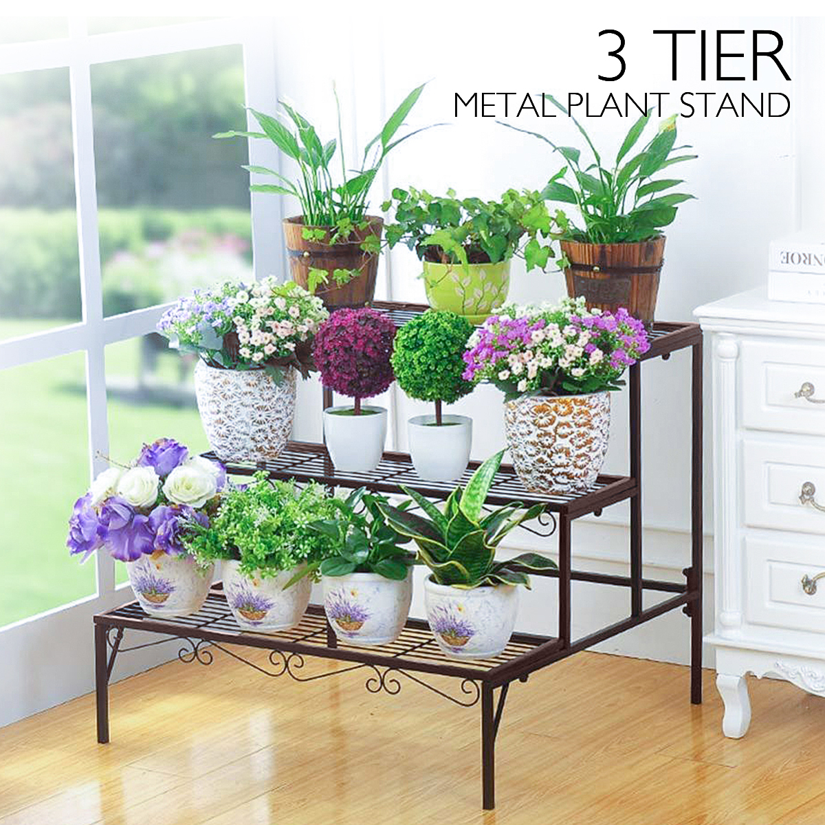 3 Tier Metal Plant Stand Flower Pot Holder Shelves Garden Home Indoor Outdoor 3