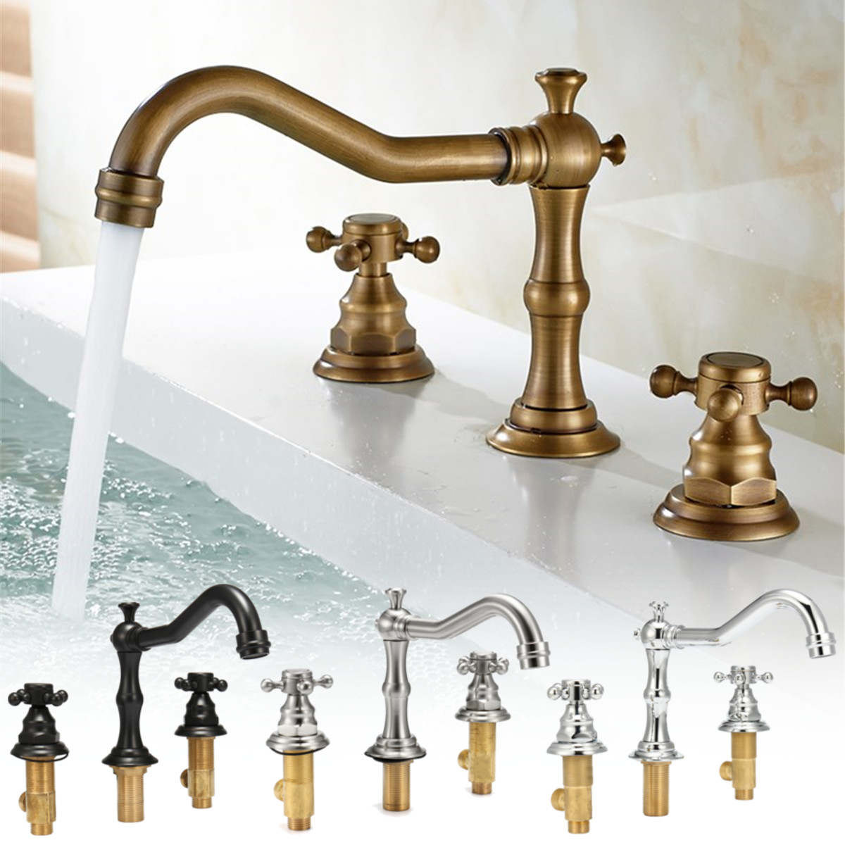 

Antique 3 Holes 2 Knobs Tub Spout Basin Bathroom Sink Waterfall Faucet Widespread Hot Cold Mixer Tap