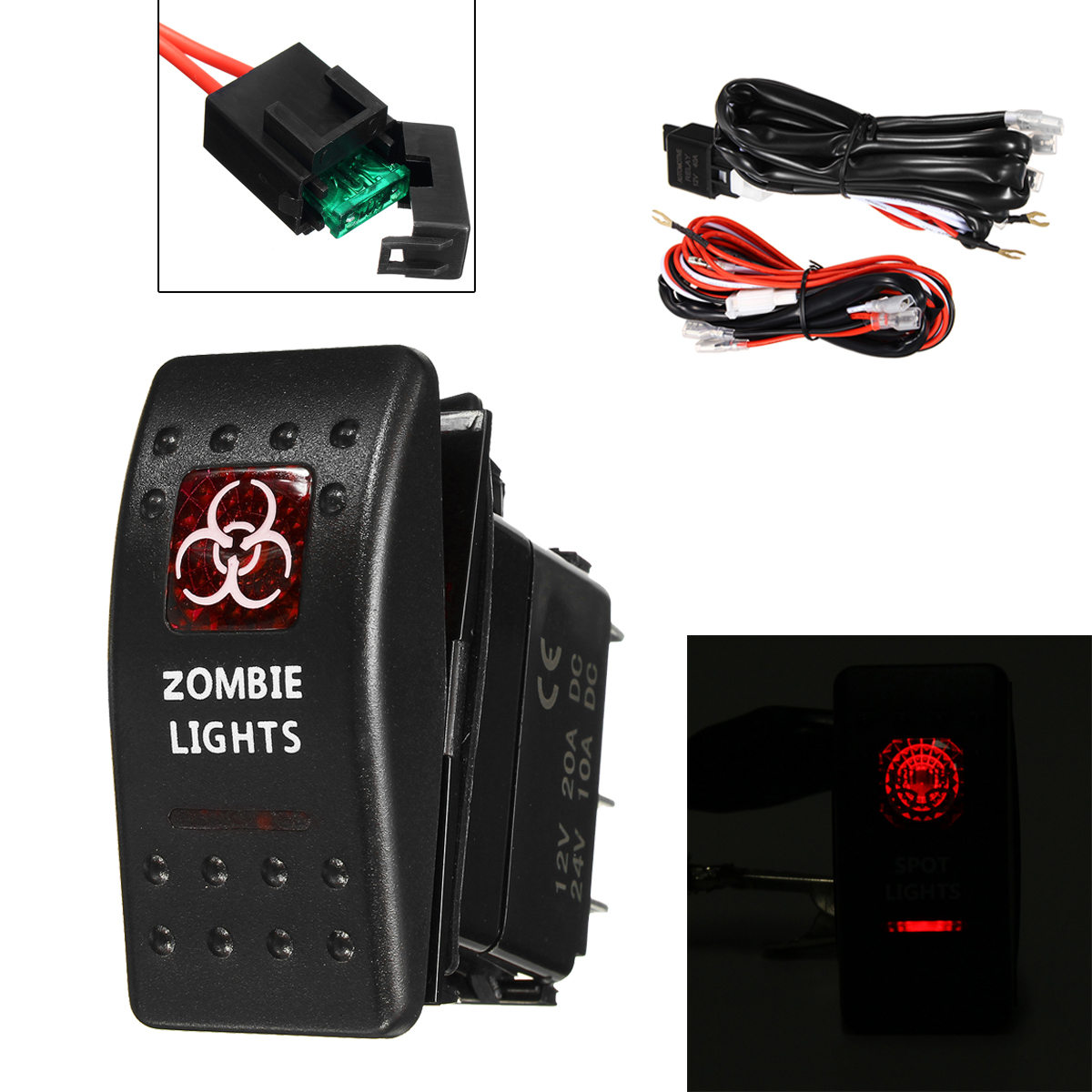 

12/24V 40A Waterproof Red LED Rocker Switch On/Off Switch+ Relay Fuse Wiring Harness Kit