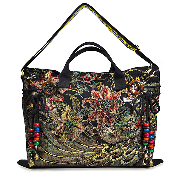 

Brenice Women Peacock Canvas Tote Handbag Chinese National Shoulder Crossbody Bag