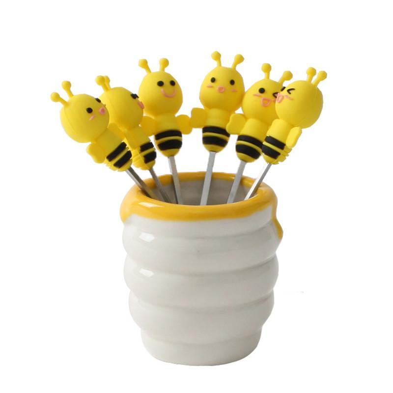 

6 Pcs Silicone Bee Fruit Forks Mini Cartoon Animal Stainless Steel Salad Dessert Picks Tableware With Ceramics Pot Table Decoration Tools for Party and Kitchen