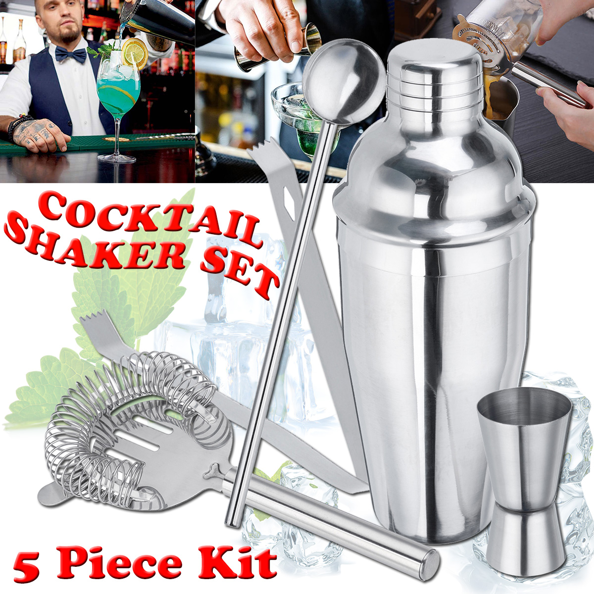 5Pcs Stainless Steel Cocktail Drink Bartender Shaker Mixer Bar Mixing Kit Tools 